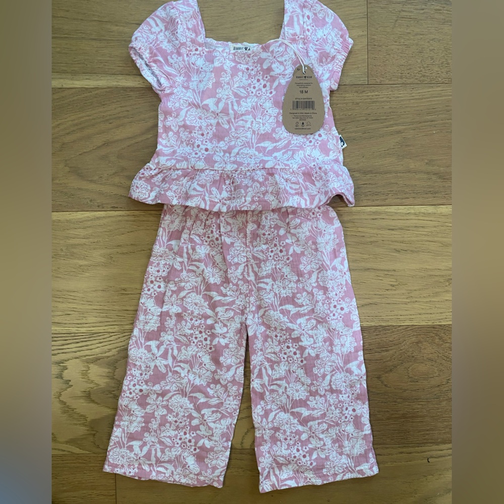 Rabbit Bear Pink & White Floral Organic Cotton Baby Girl Spring Set 18m NWT